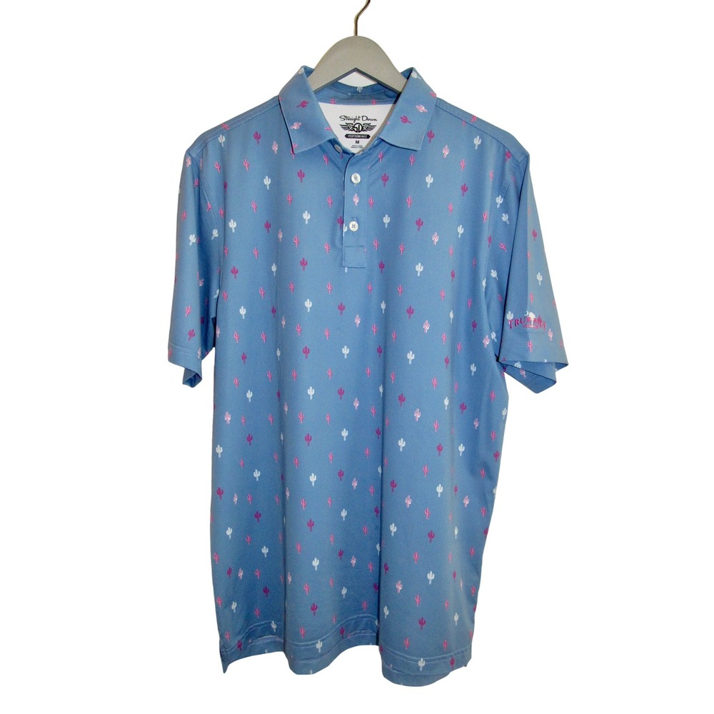 Straight Down Mens Performance Golf Polo Blue Cactus Print True Blue Golf Club M